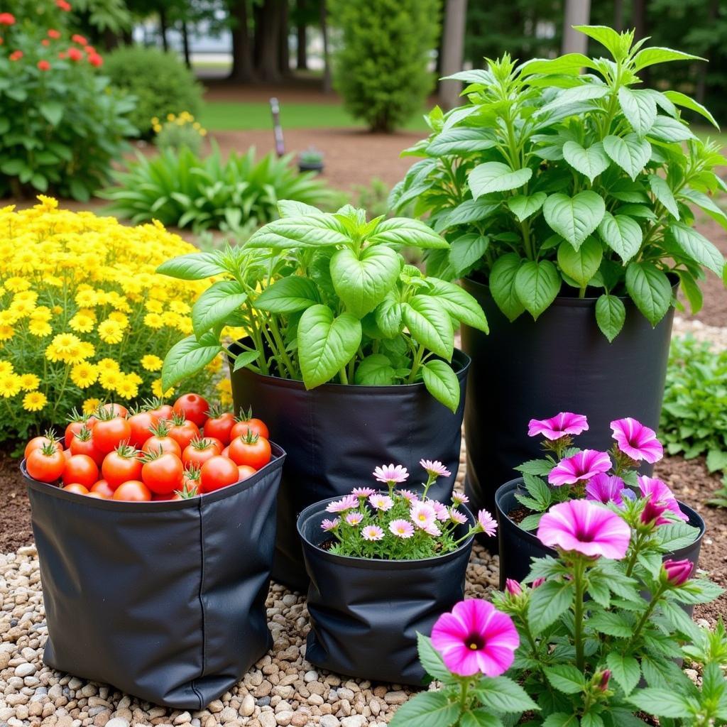 7 gallon grow bags showcasing thriving vegetables, herbs, and flowers in a vibrant garden setting