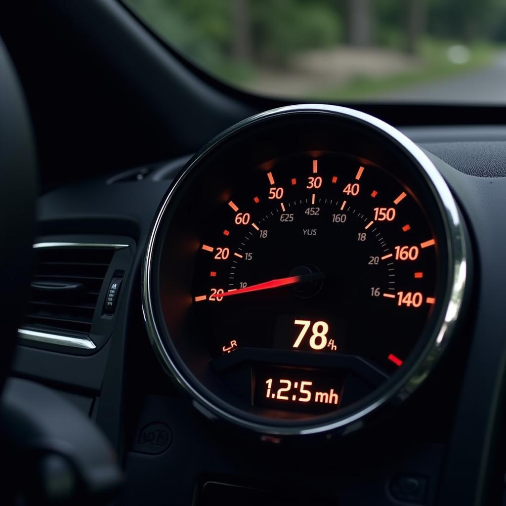 Speedometer showing 78 mph and 125 km/h