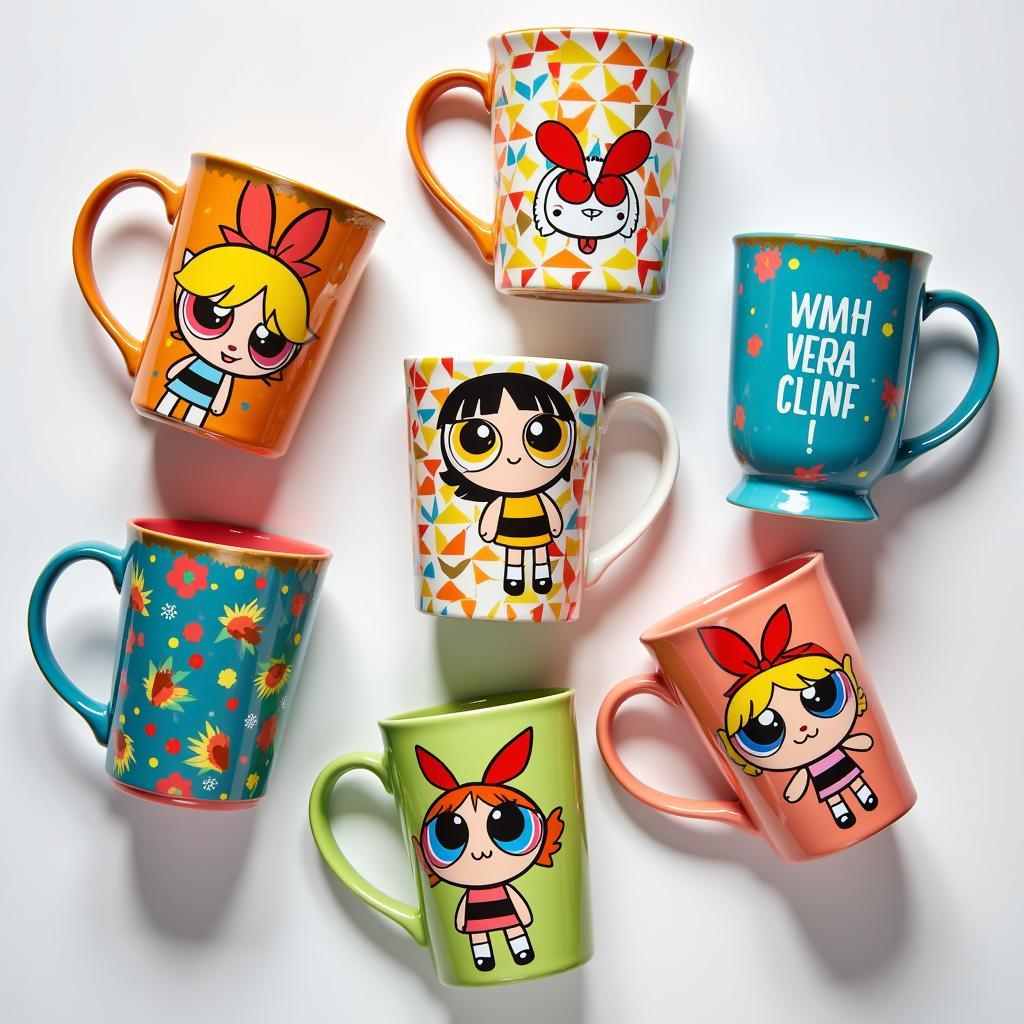 A collection of colorful 90s mugs showcasing various designs and pop culture references.