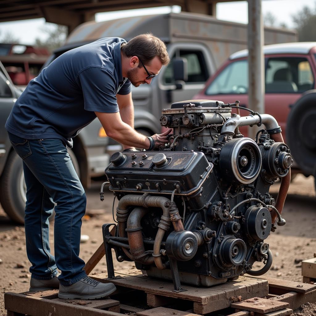 Inspecting a Used Engine at an Alabama Salvage Yard