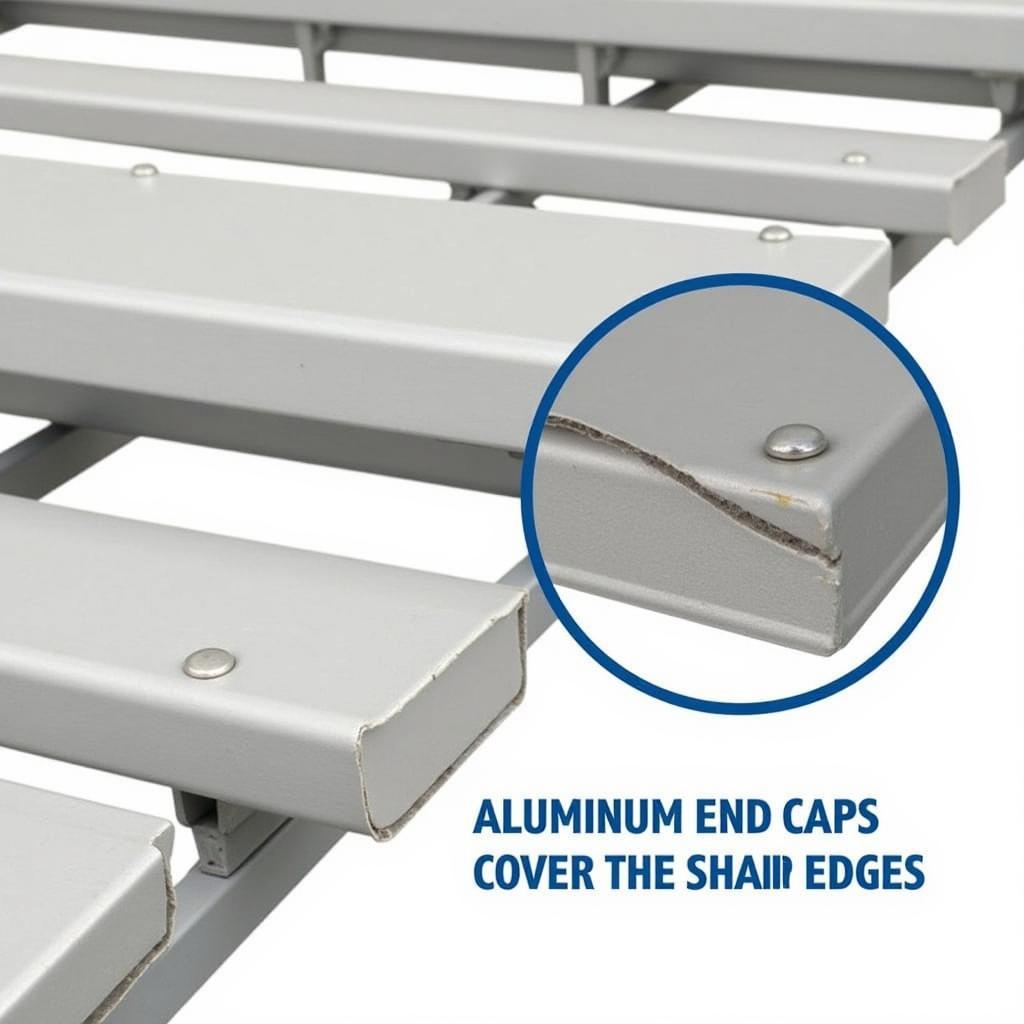 Close-up view of aluminum bleacher end caps showing their protective function