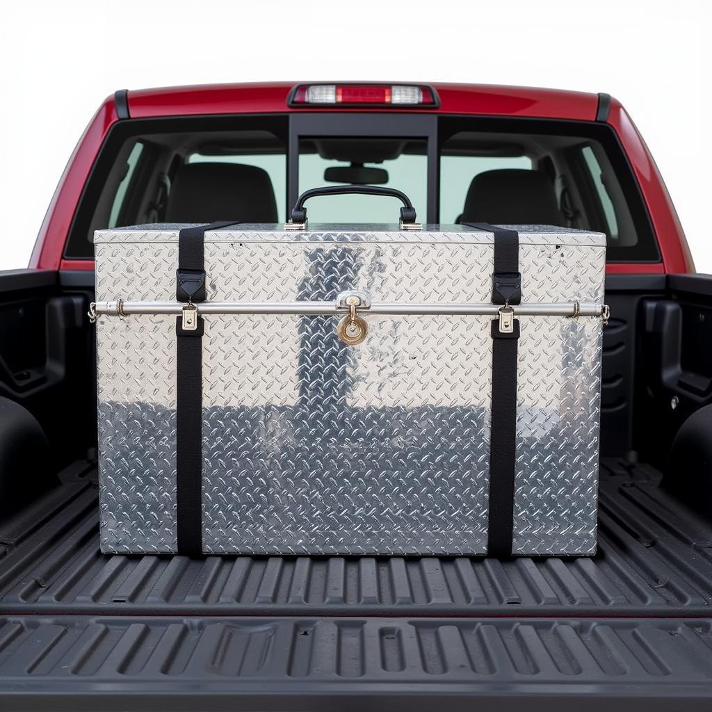 An aluminum diamond plate toolbox mounted securely on the back of a truck.