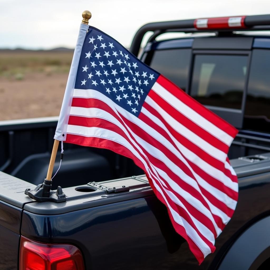 American flag displayed on a back rack of a pickup truck