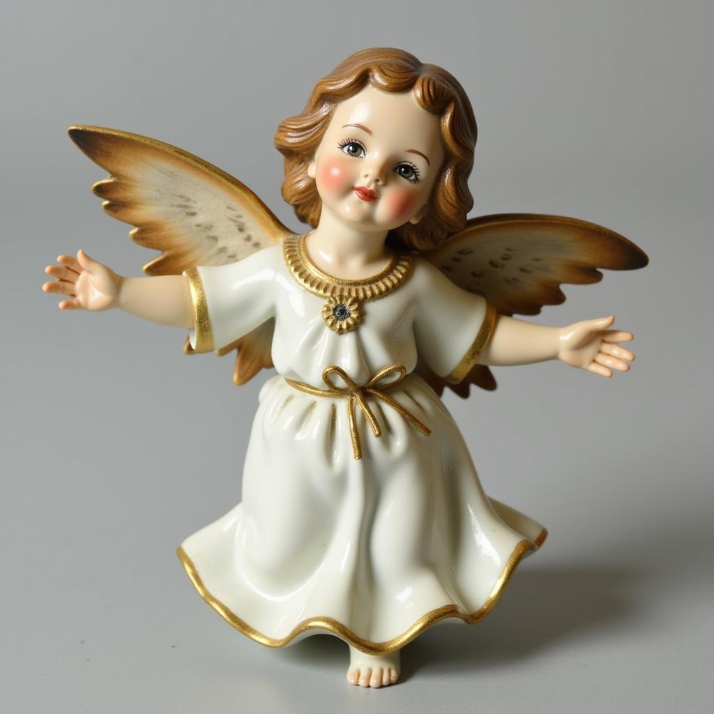 A close-up view of an antique angel figurine.