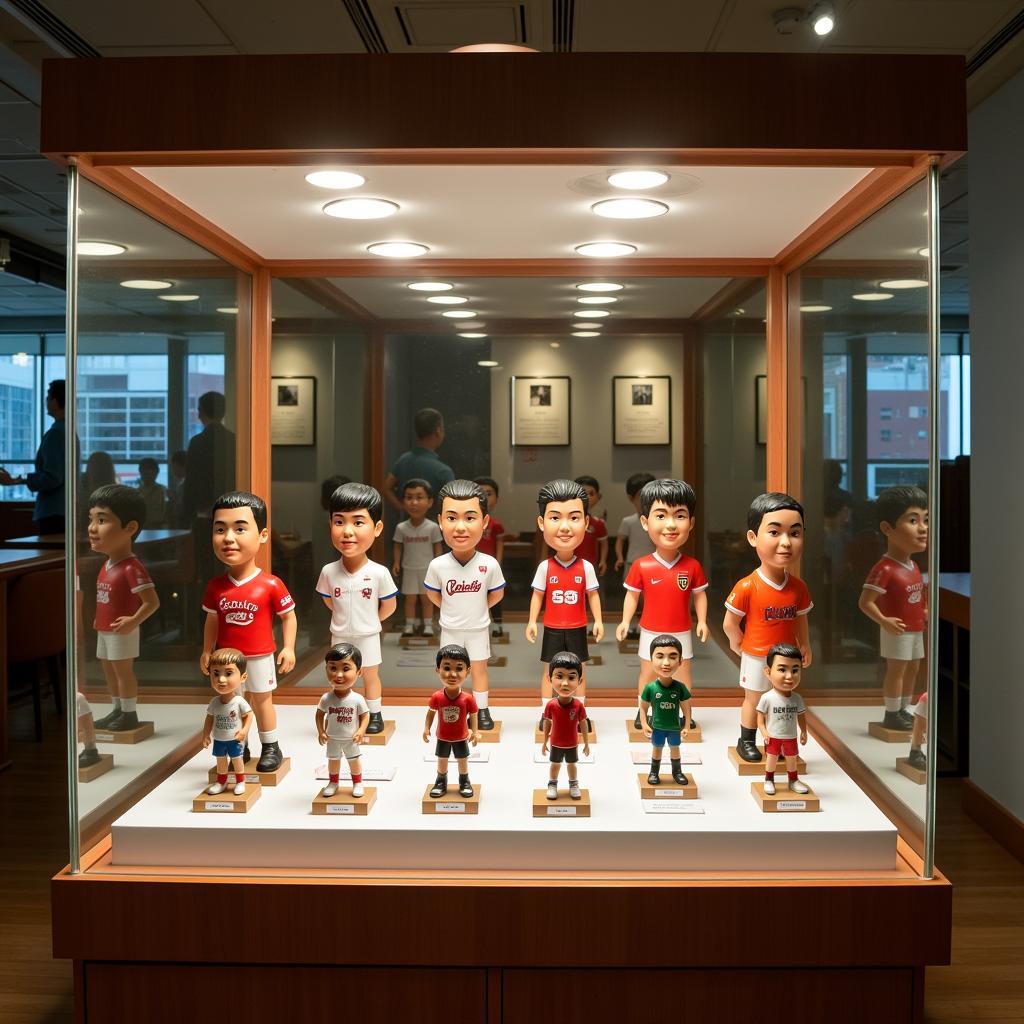 A collection of Asian bobbleheads neatly arranged and displayed in a protective glass case.