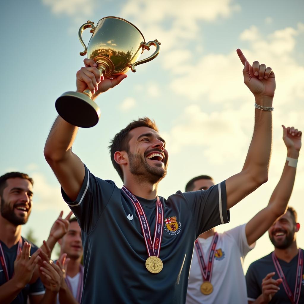 A captain lifting a trophy, with a subtle asterisk in the background