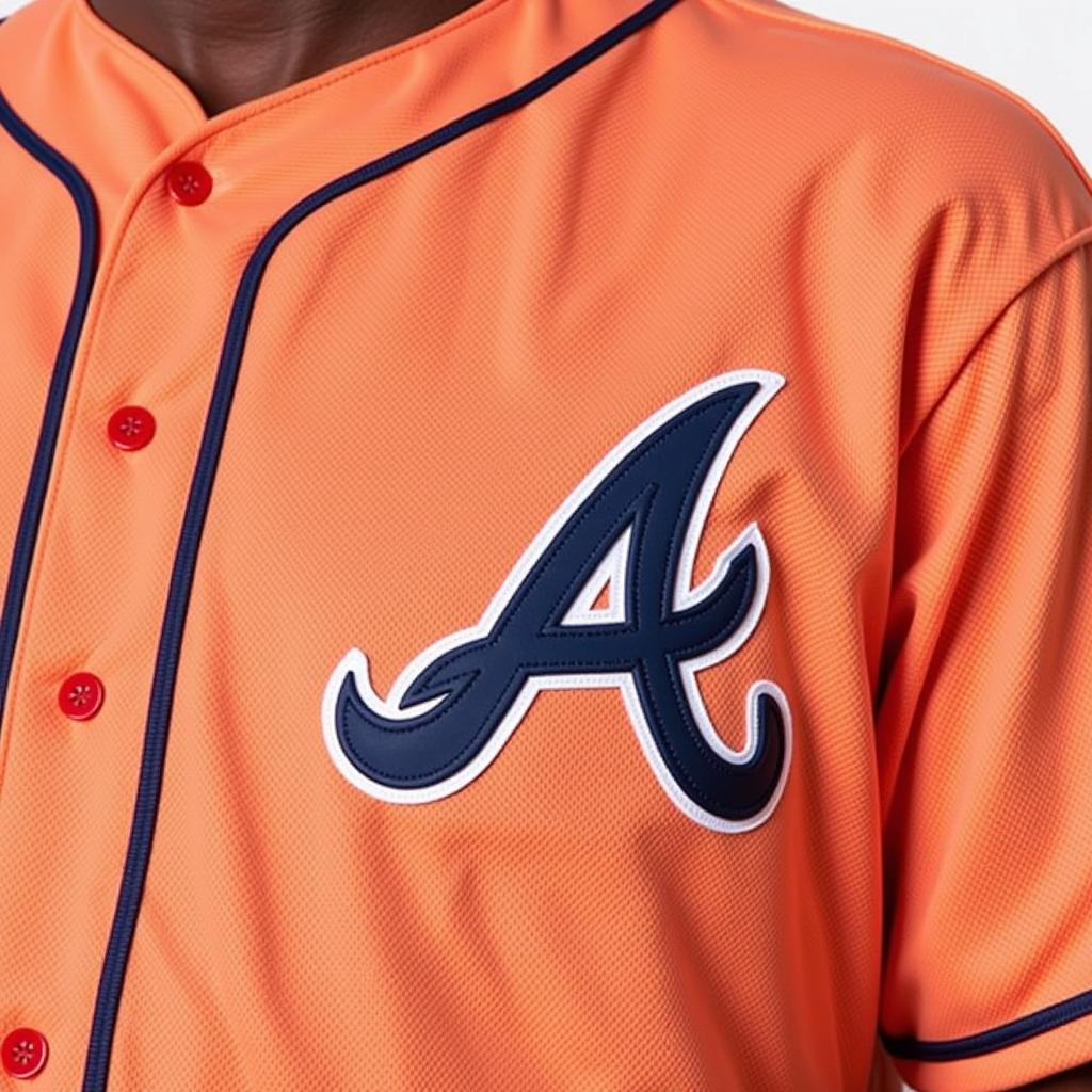 Close-up view of an Atlanta Braves peach jersey, showcasing the details of the stitching and fabric.