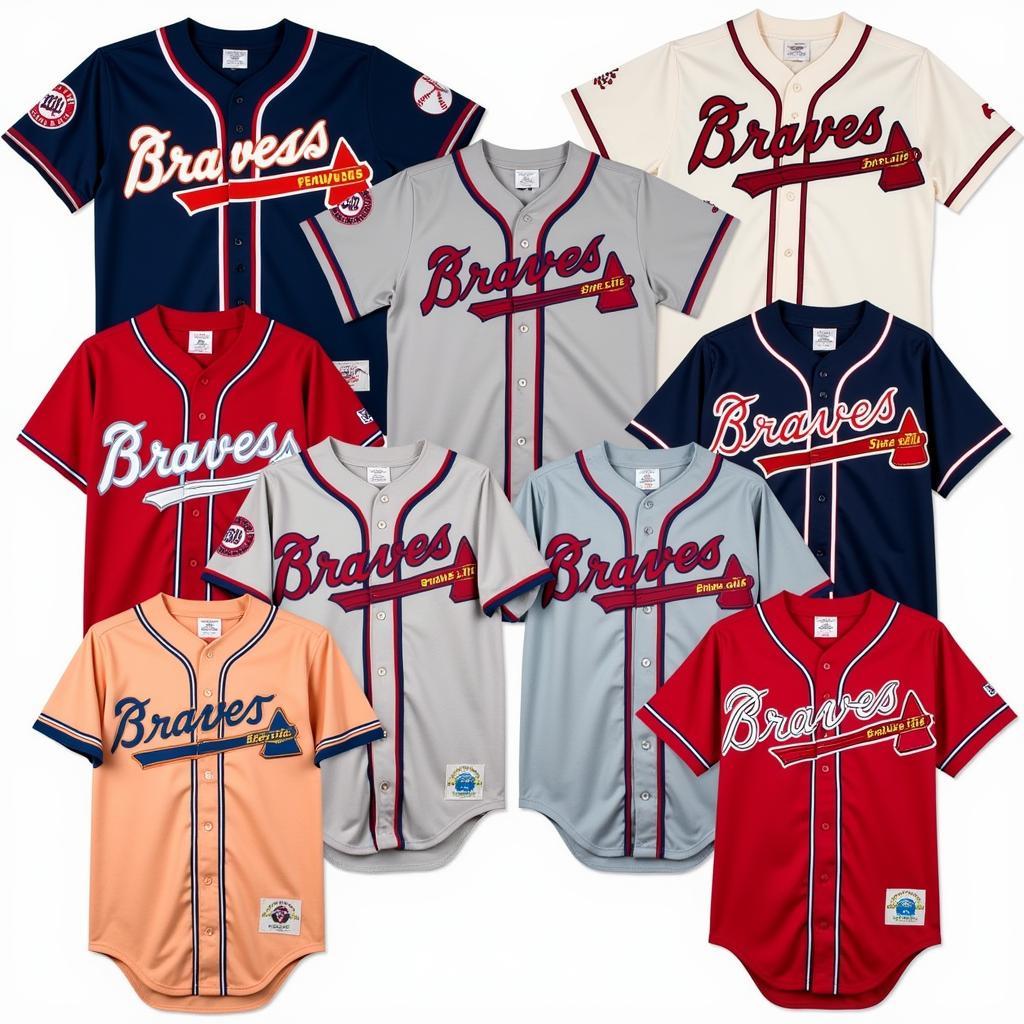 A collection of various Atlanta Braves vintage jerseys showcasing different eras and designs.