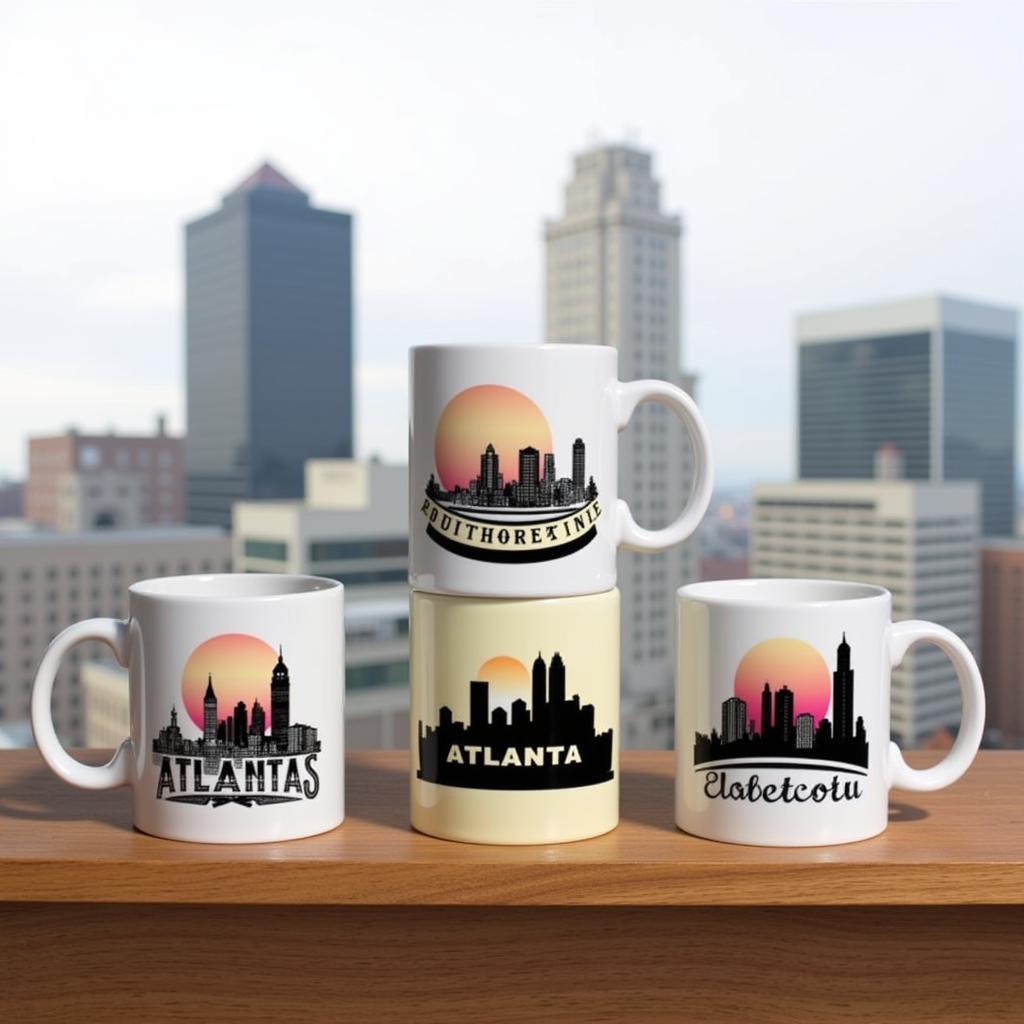 Atlanta skyline mugs displayed on a shelf