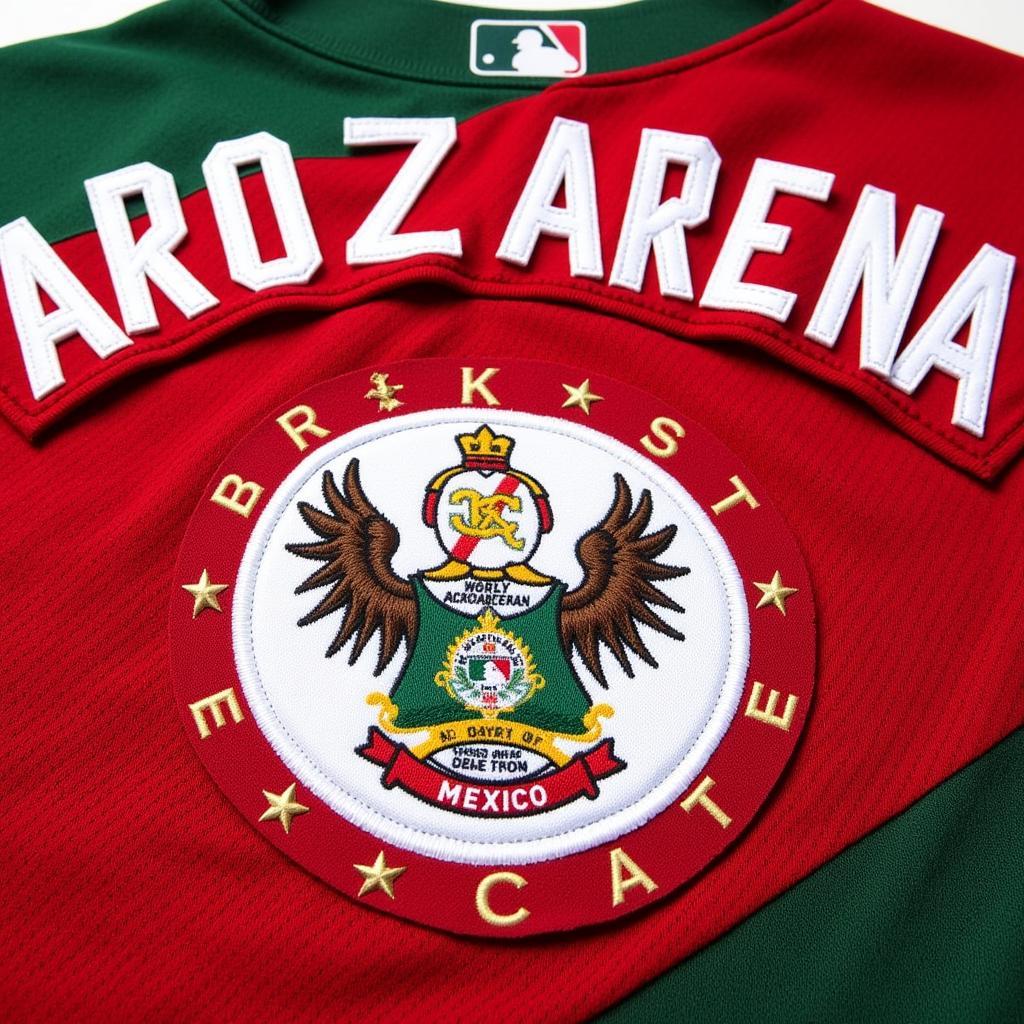 Close-up details of an authentic Randy Arozarena Mexico jersey, highlighting the stitching, logos, and material.