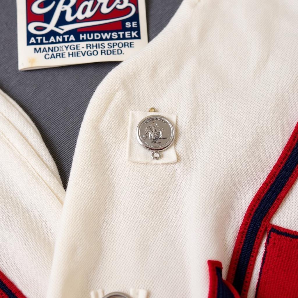 Close-up view of the stitching, tags, and materials of an Atlanta Braves vintage jersey to demonstrate how to authenticate its origins.