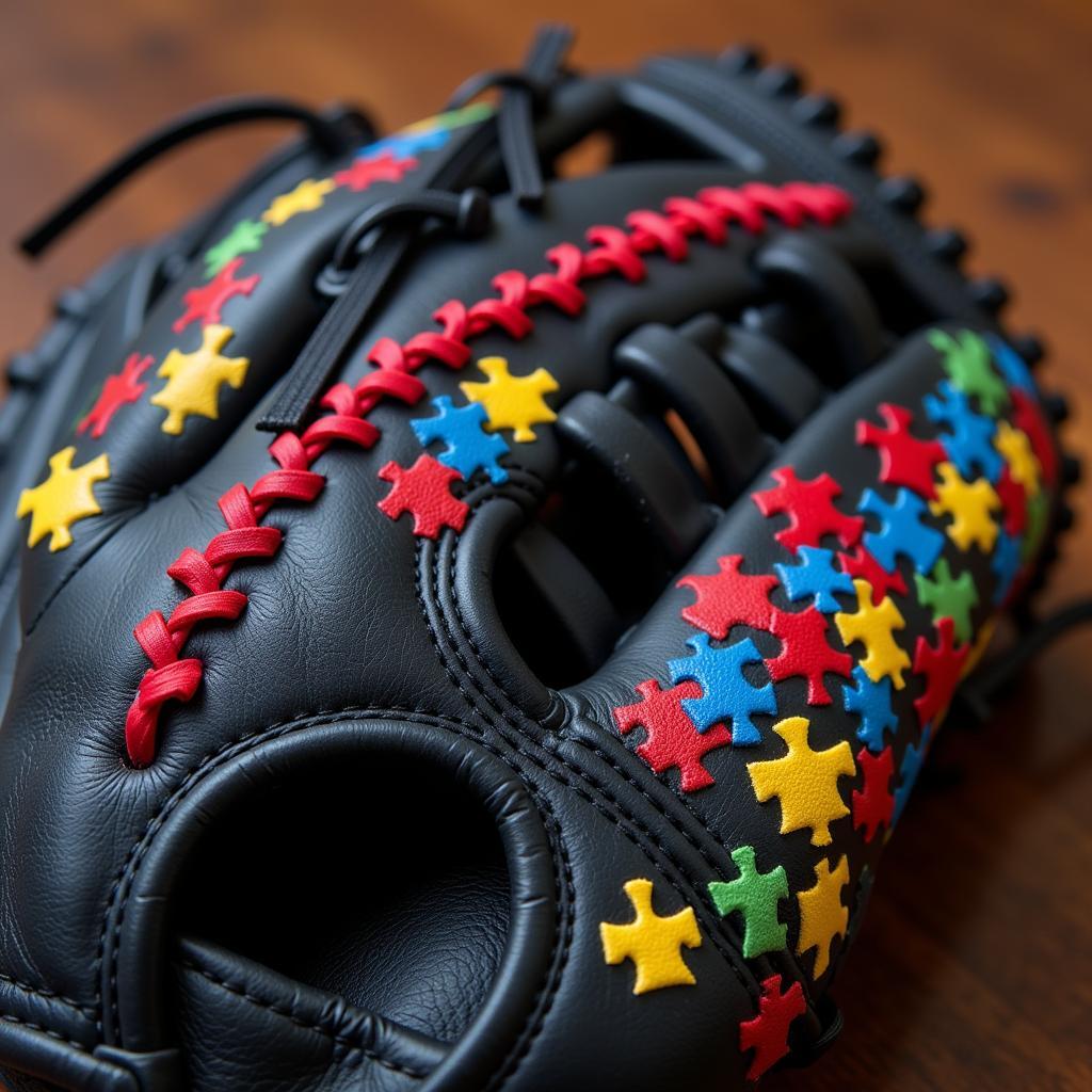 Close up of an autism awareness baseball glove featuring a puzzle piece design.