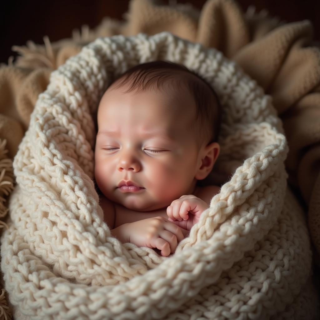 A baby wrapped in a textured blanket during a newborn photoshoot.