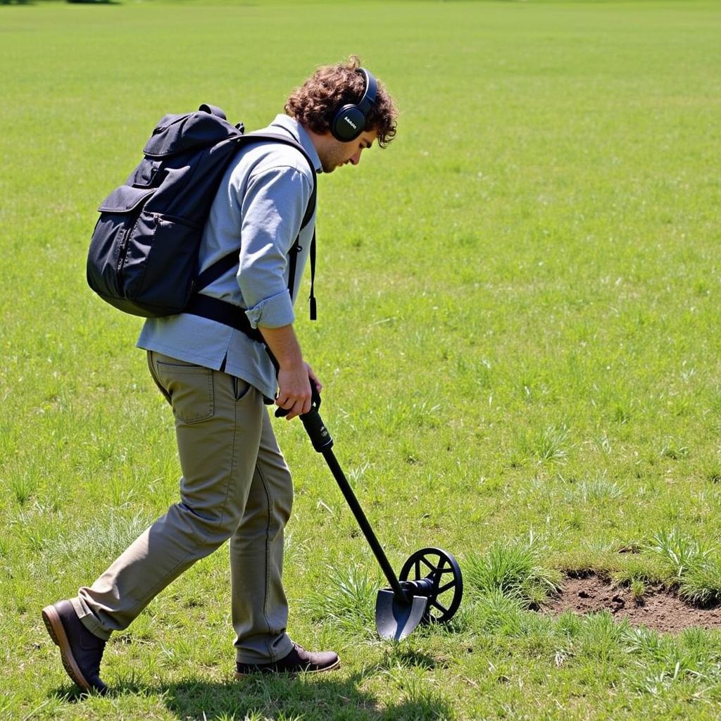 A person using a backpack metal detector in a field