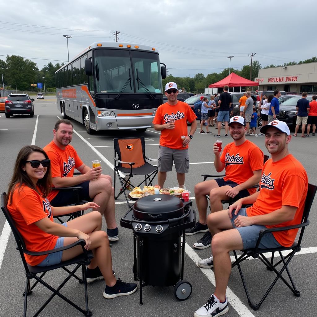 Baltimore Orioles fans tailgating before the game after arriving by bus