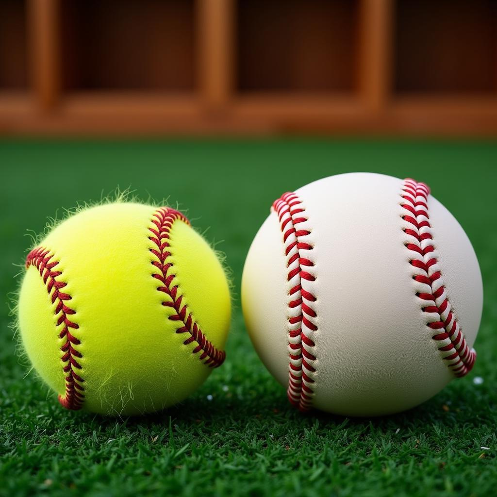 A baseball and a softball placed side-by-side, highlighting their size difference. The image focuses on the texture and stitching of the balls.