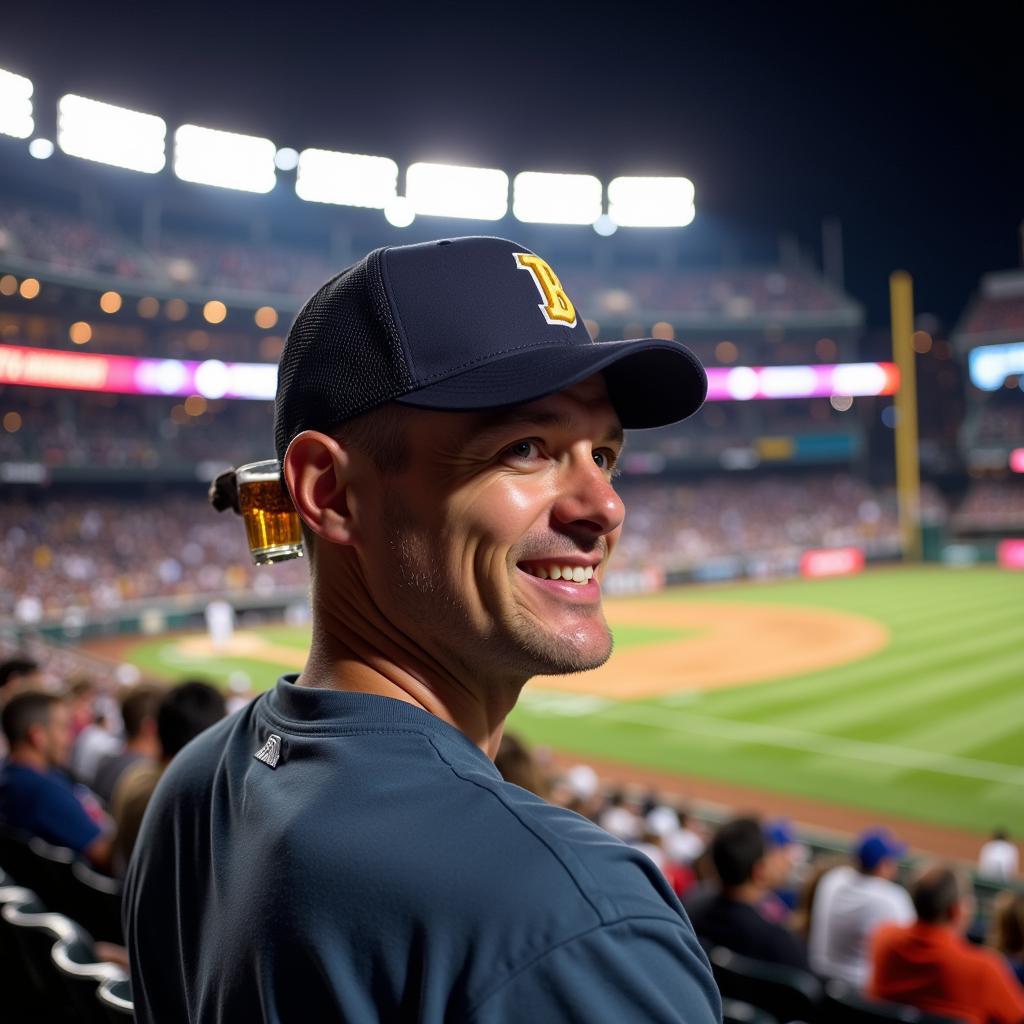 Fan enjoying a baseball game with a beer hat.