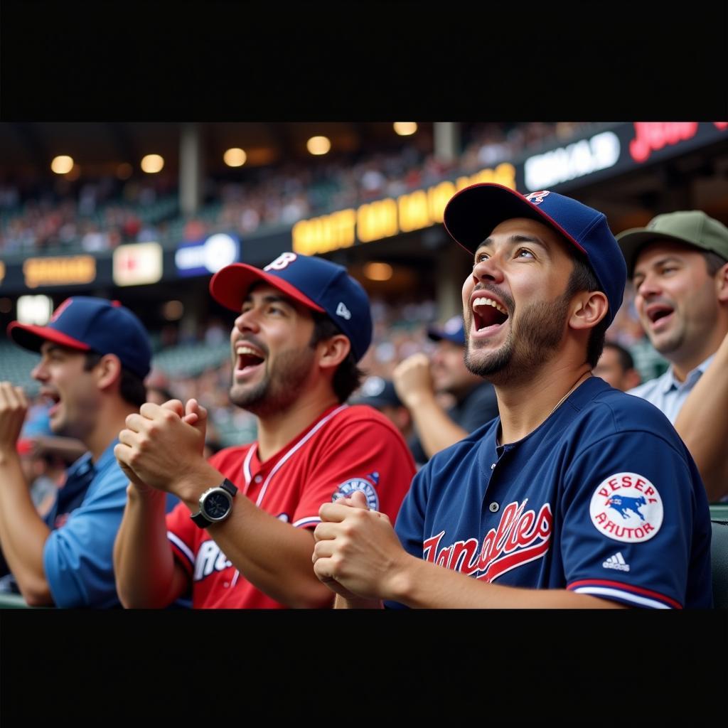 Excited baseball fans cheering for their team in the stadium stands