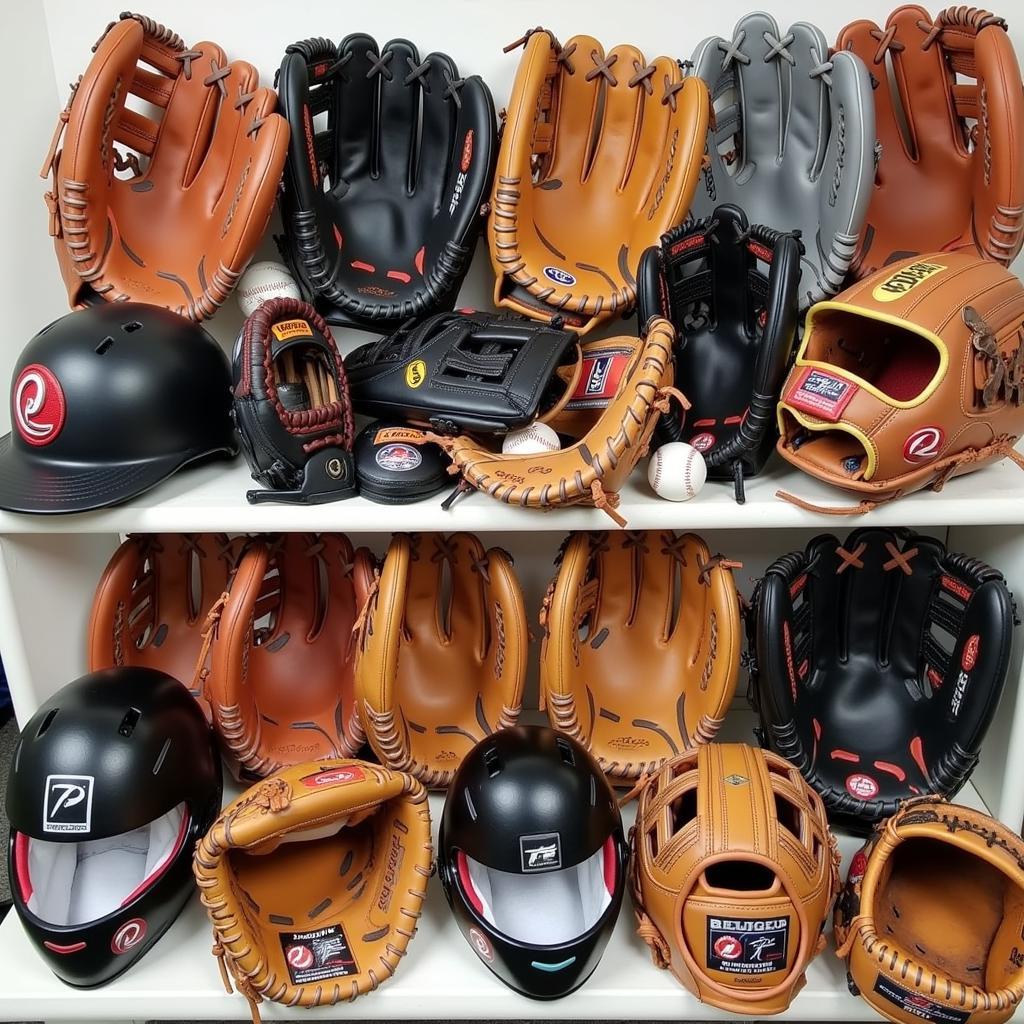 Various baseball gloves and equipment on display