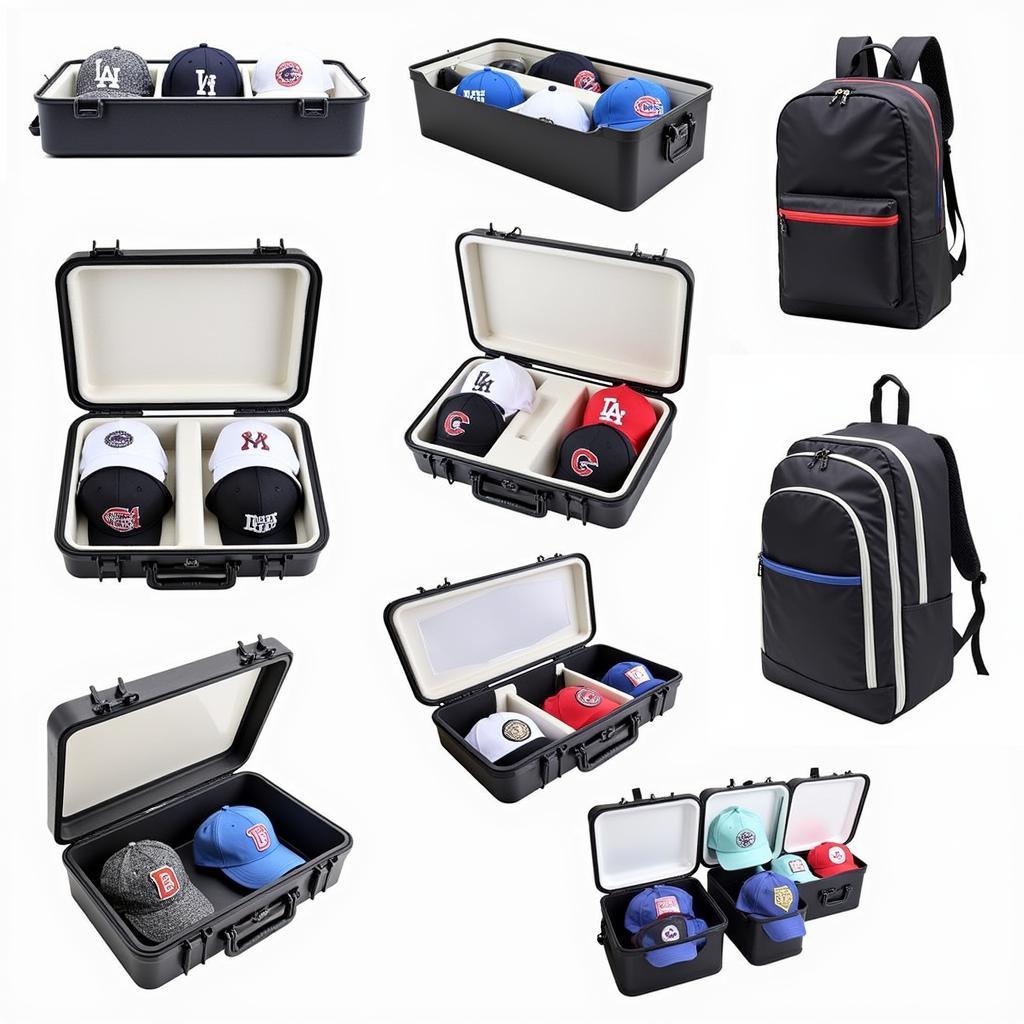 Various baseball hat carrying cases displaying different sizes, materials, and features.