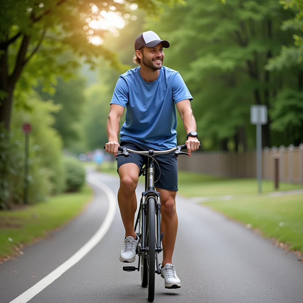 Cyclist wearing a baseball hat helmet for added safety while cycling on a dedicated bike path.