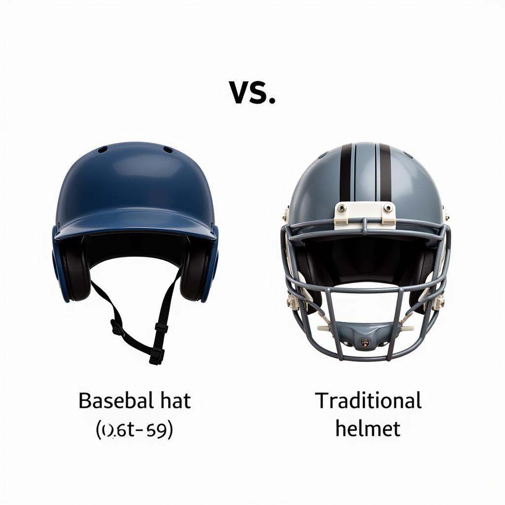 Comparison of a baseball hat style helmet and a traditional sports helmet, highlighting differences in design and protection levels.