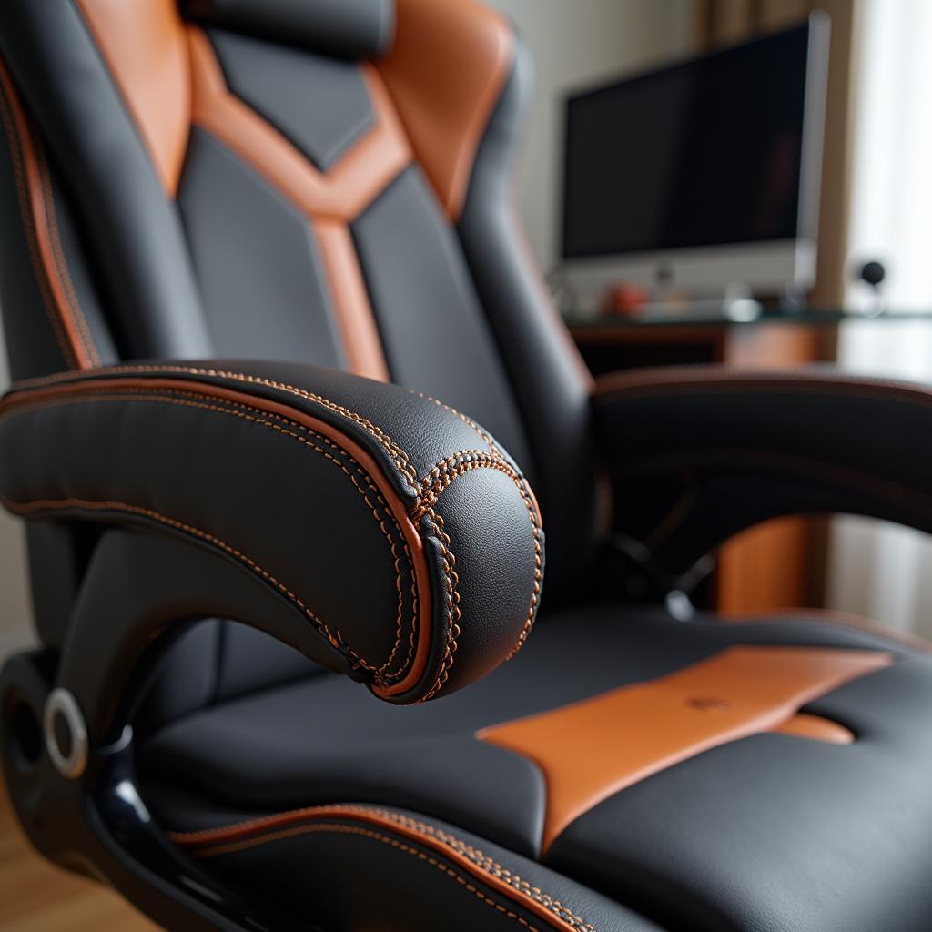 Closeup of a baseball office chair showcasing its stitching and ergonomic design