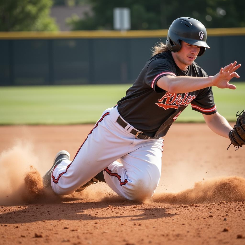 Baseball player sliding into base, white belt visible