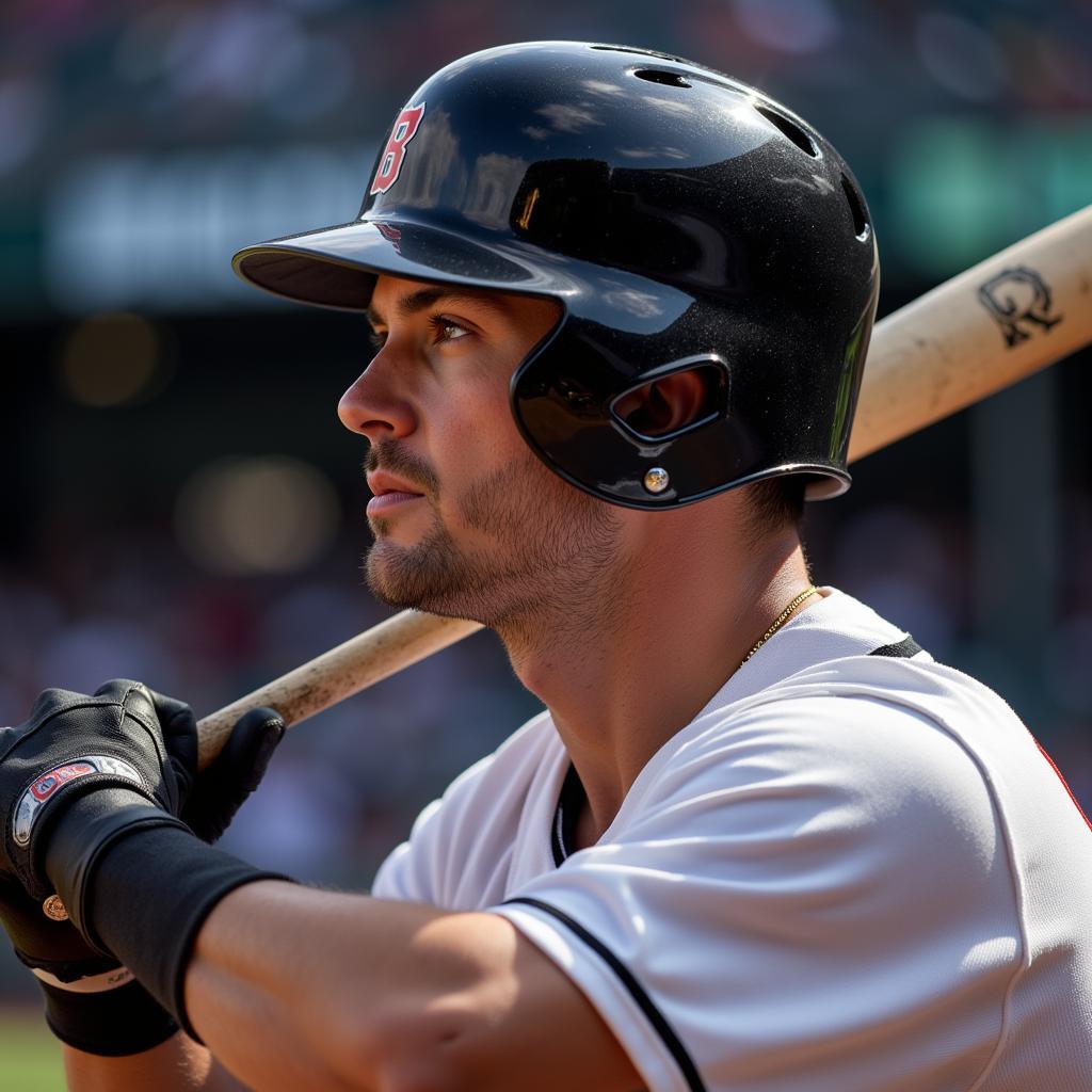 Baseball player wearing an all star helmet during a game, emphasizing the importance of head protection in baseball.