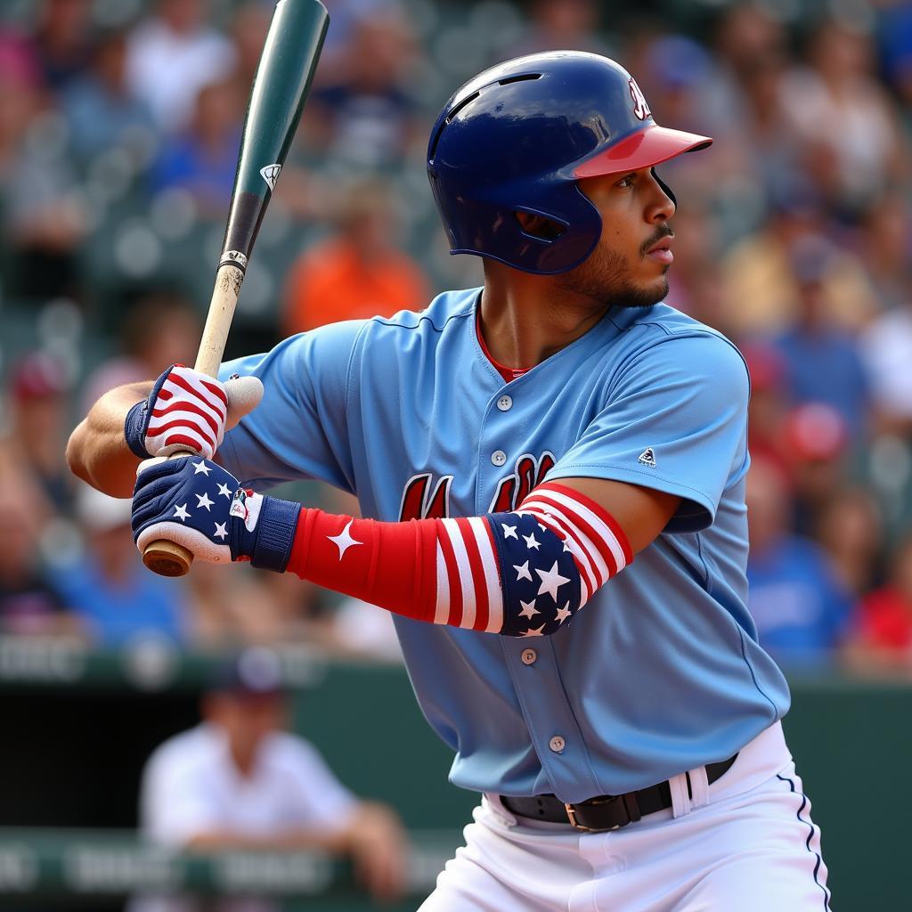 Baseball Player Wearing American Flag Batting Gloves While Batting