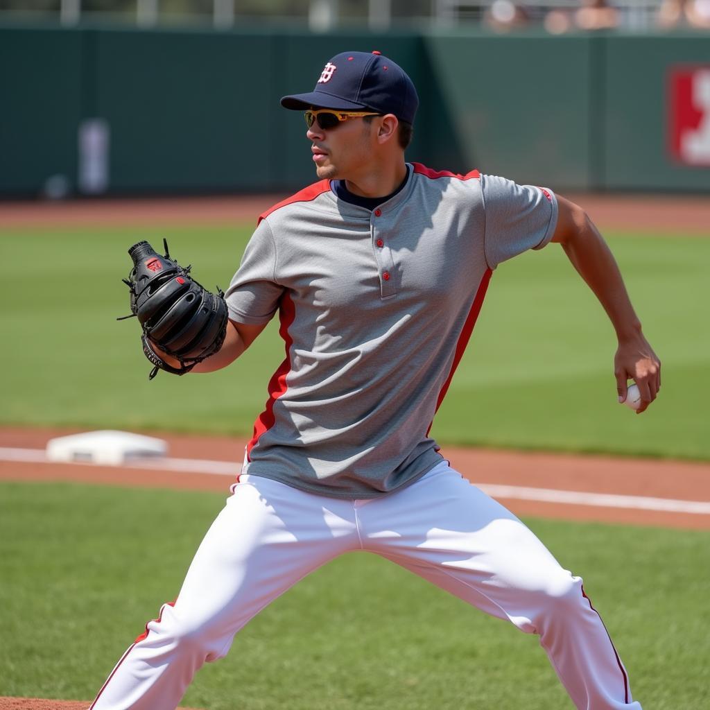 Baseball player wearing a training shirt during practice.