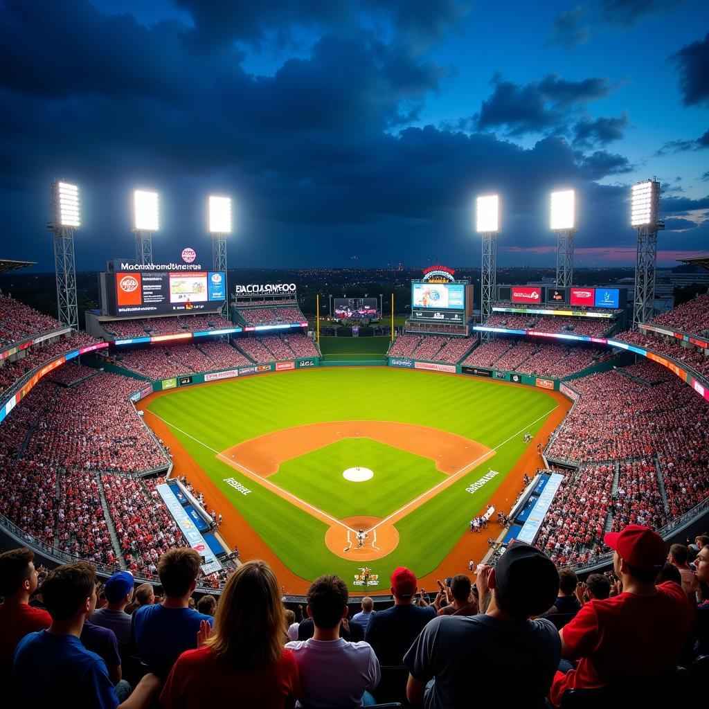 Aerial view of a bustling baseball stadium packed with fans during a game