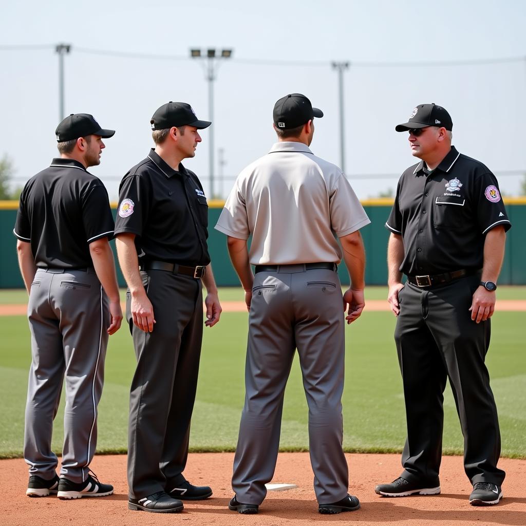 Umpires wearing different styles of baseball umpire shirts during a game