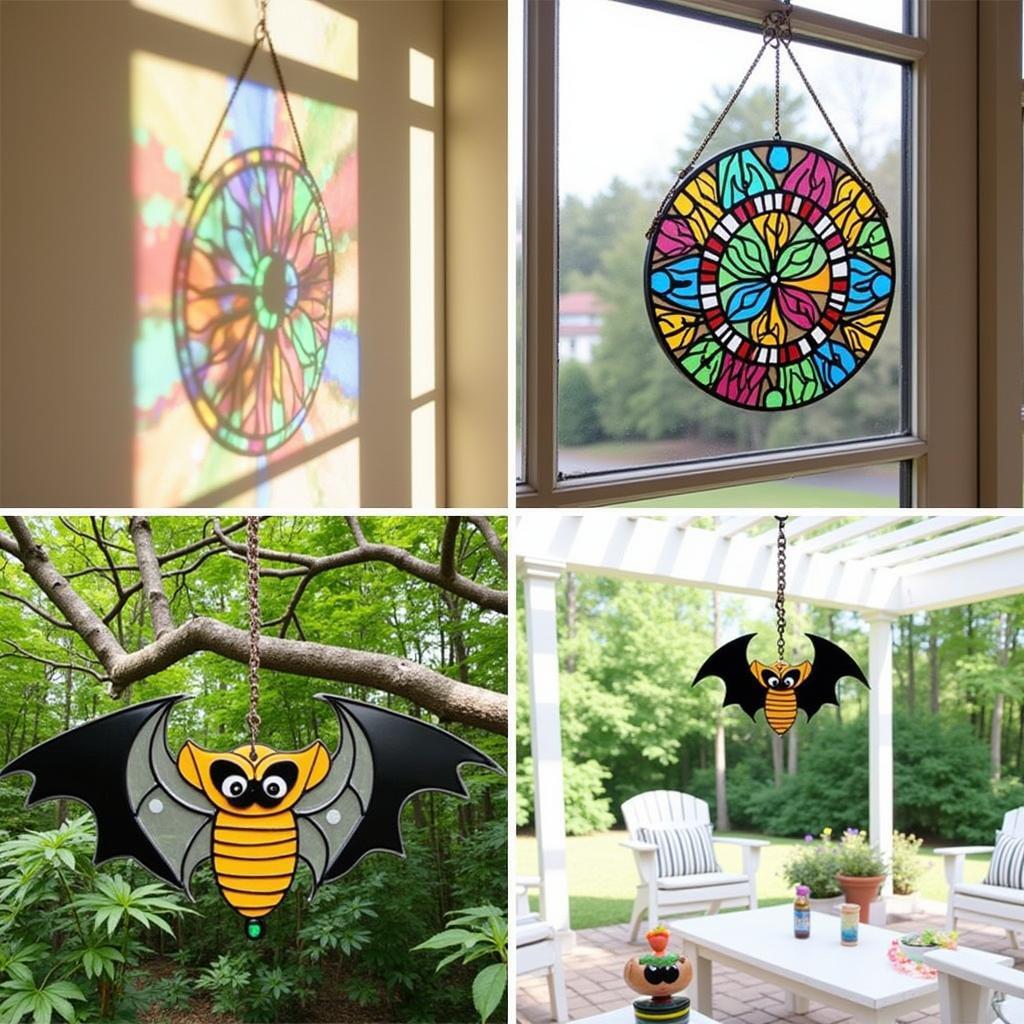 Bat sun catchers hanging in different locations: a window, a garden, and a patio.