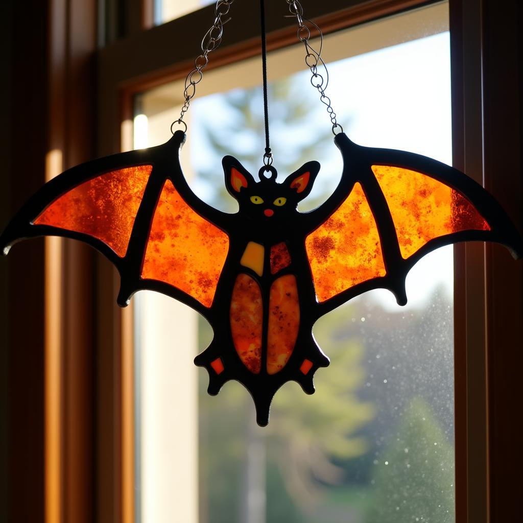 Bat sun catcher hanging in a window, catching the sunlight and casting colorful reflections onto the wall.