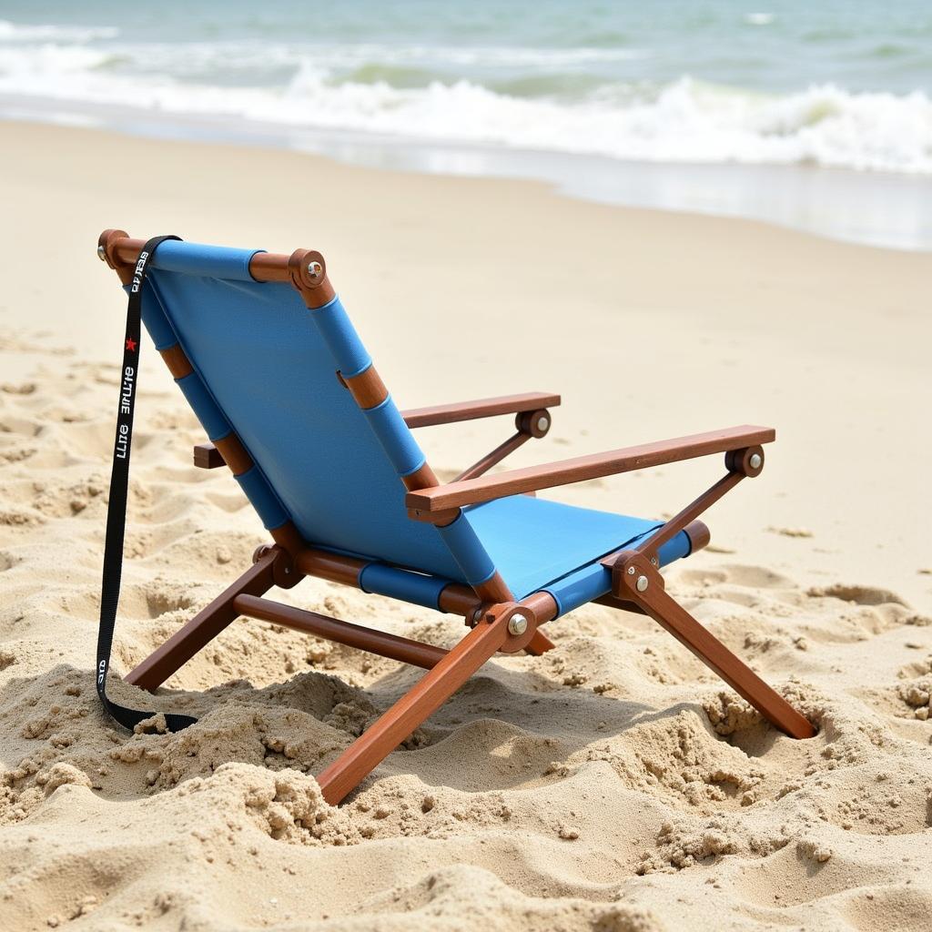 A beach chair secured with a strap on a windy beach.