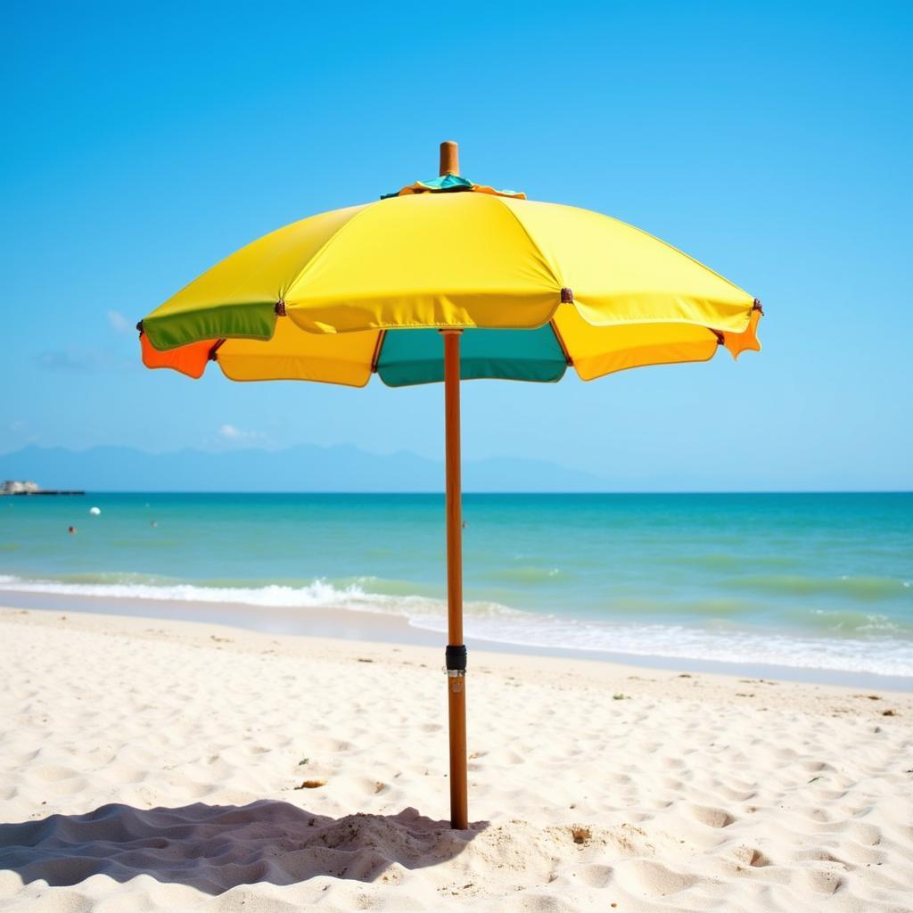 A beach umbrella with a wood pole set up on a sunny beach.