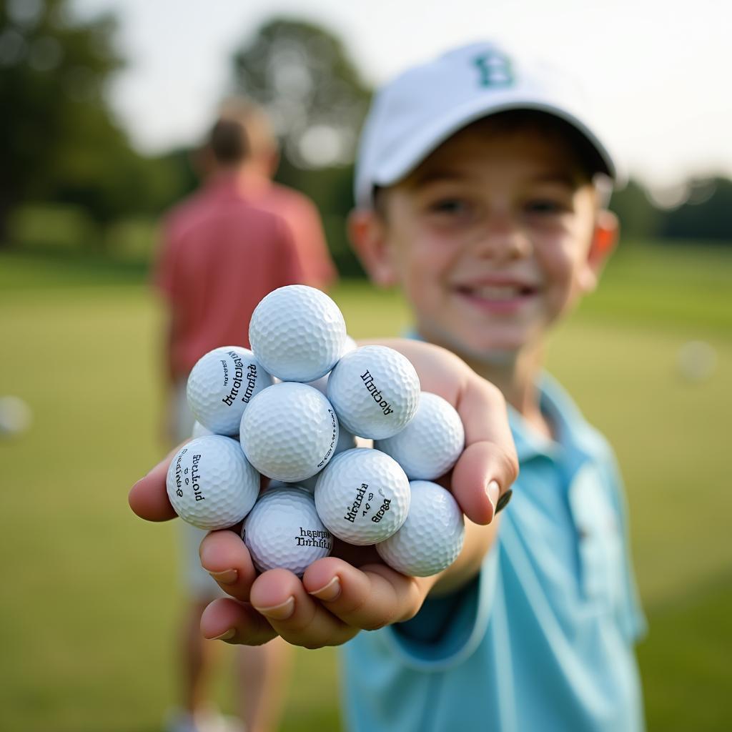 A beginner golfer smiles, holding their new happy birthday golf balls