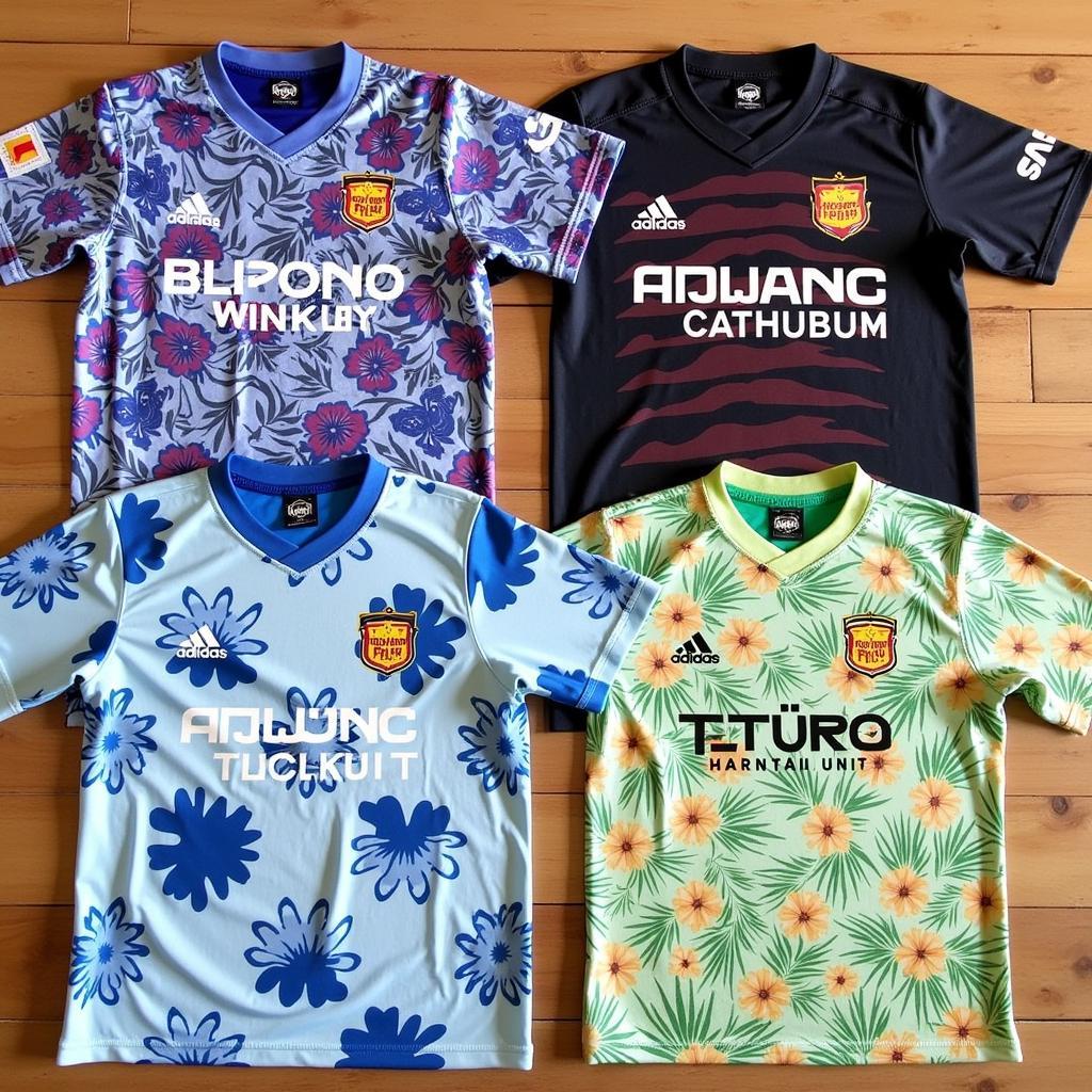 A selection of different Hawaii jersey shirts featuring various football team logos and floral patterns