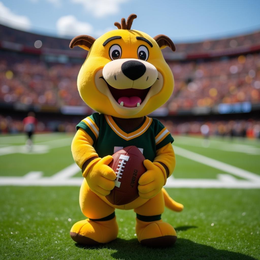 Big Al plush toy sitting on a football field with fans cheering in the background.