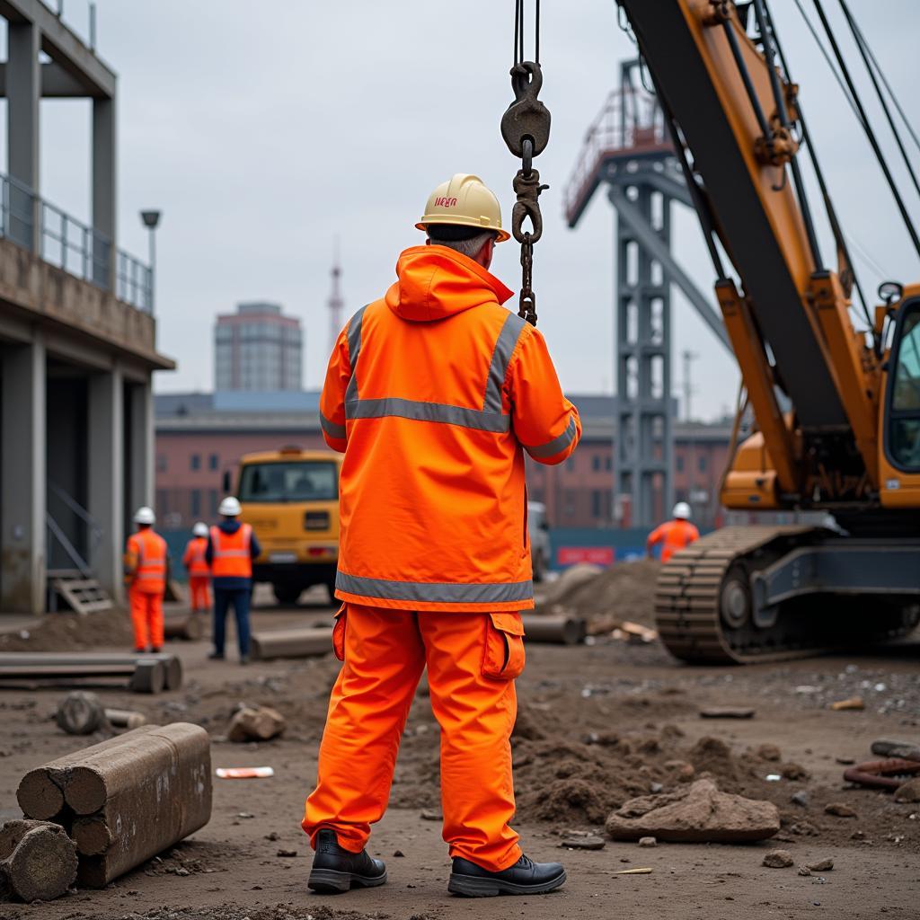 A construction worker in big and tall hi vis clothing operating machinery on a busy construction site.  The worker is clearly visible amidst the complex background, demonstrating the importance of hi vis for safety.