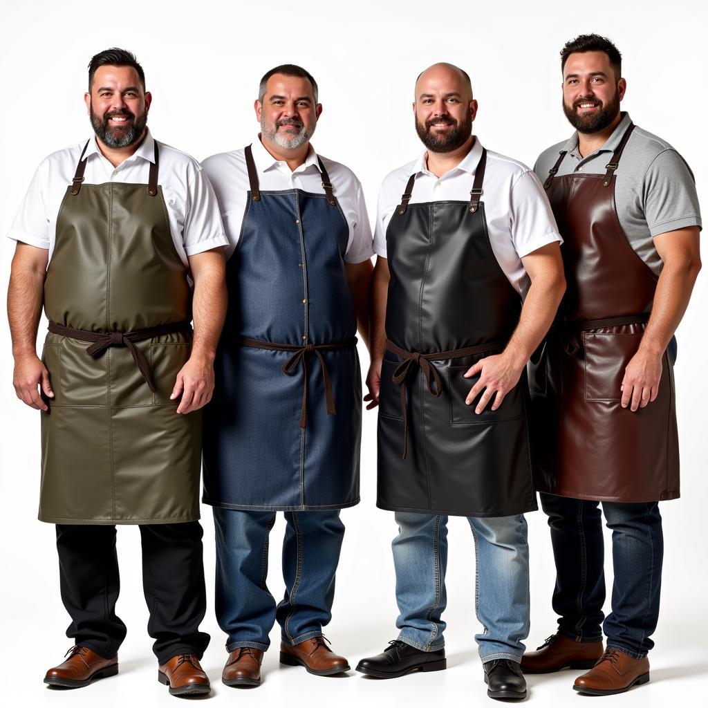 Big men wearing different styles of aprons, including bib aprons, waist aprons, and denim aprons, showcasing comfortable fit and full coverage.