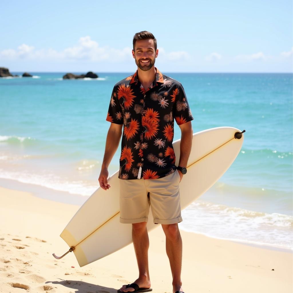 Black and Orange Hawaiian Shirt Beach Style