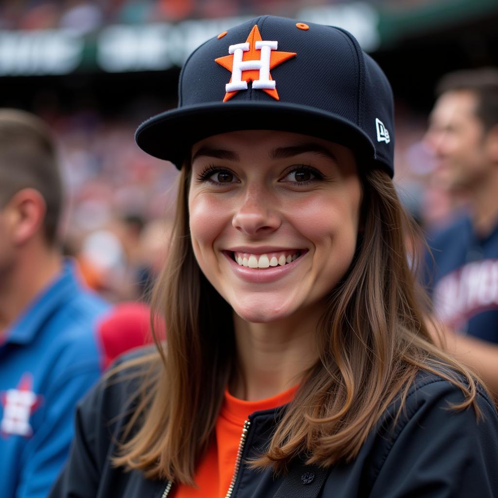 A fan wearing a black Astros fitted hat at a game