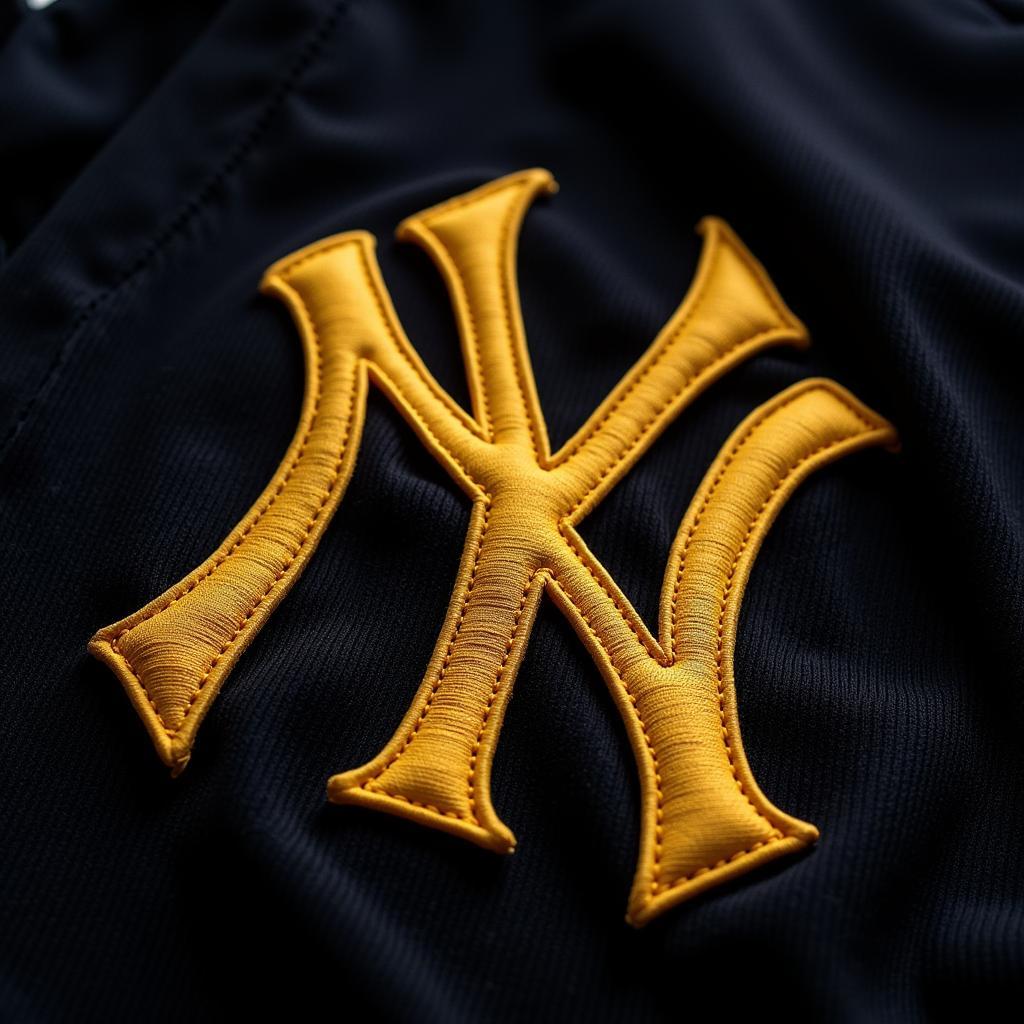 Close-up view of a black and gold New York Yankees jersey, showcasing the embroidered team logo and gold accents.