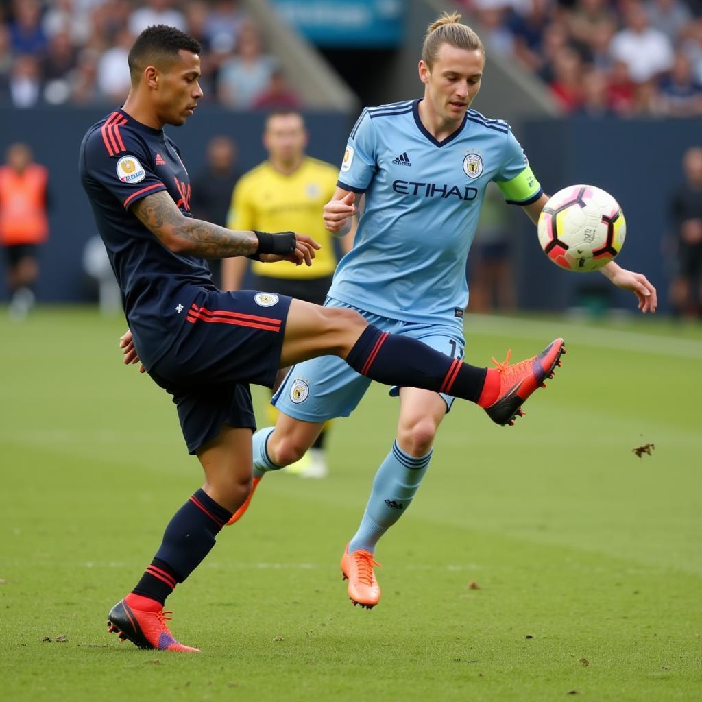 A footballer executing a powerful and precise black hit pass