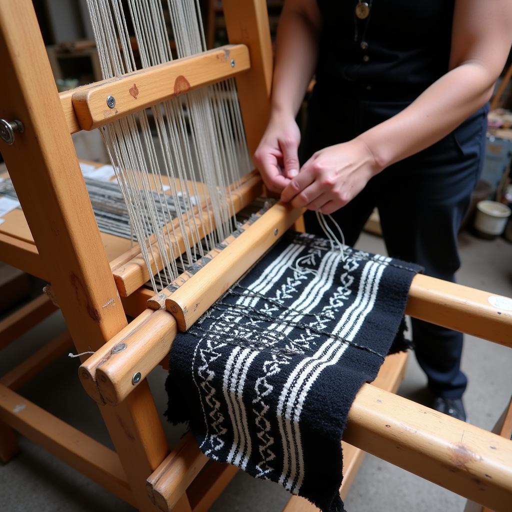 Traditional Loom Weaving a Black and White Mexican Blanket