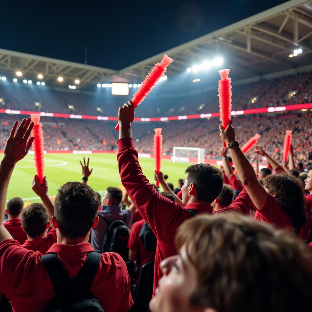 Fans cheering with blow up noise sticks at a football match