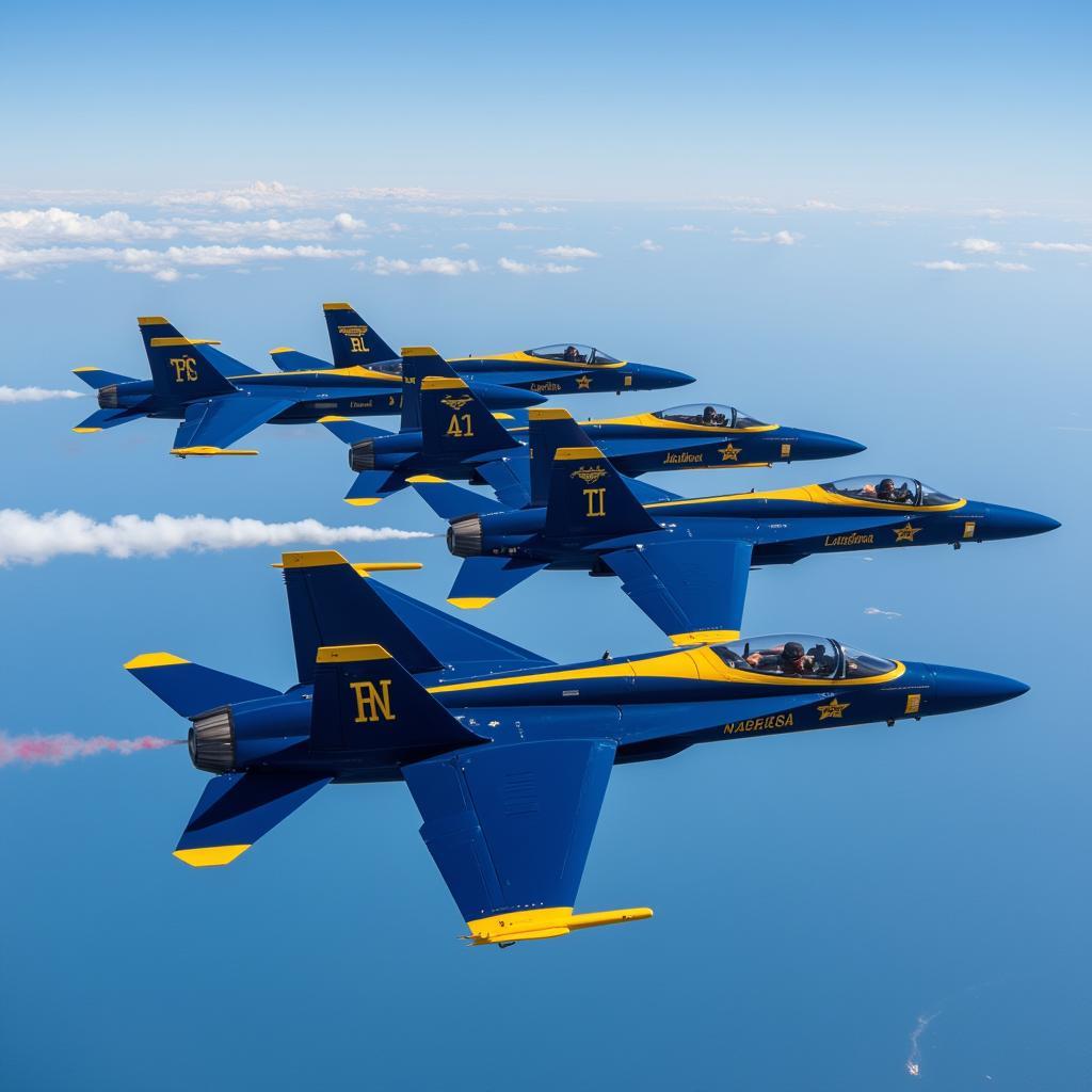 Blue Angels performing a flight demonstration with their signature blue and gold F/A-18 Super Hornets.