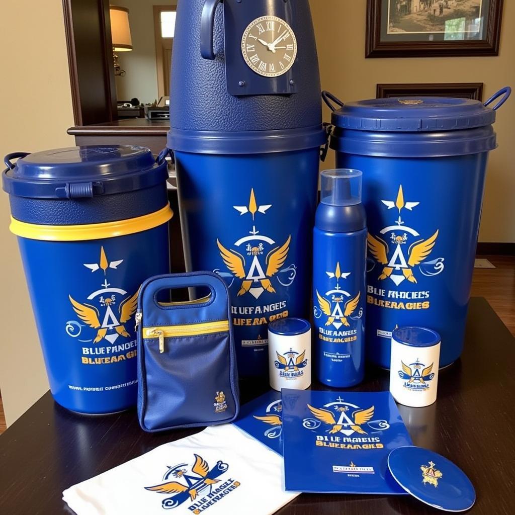 A display of various Blue Angels merchandise, including t-shirts, caps, mugs, and model airplanes.